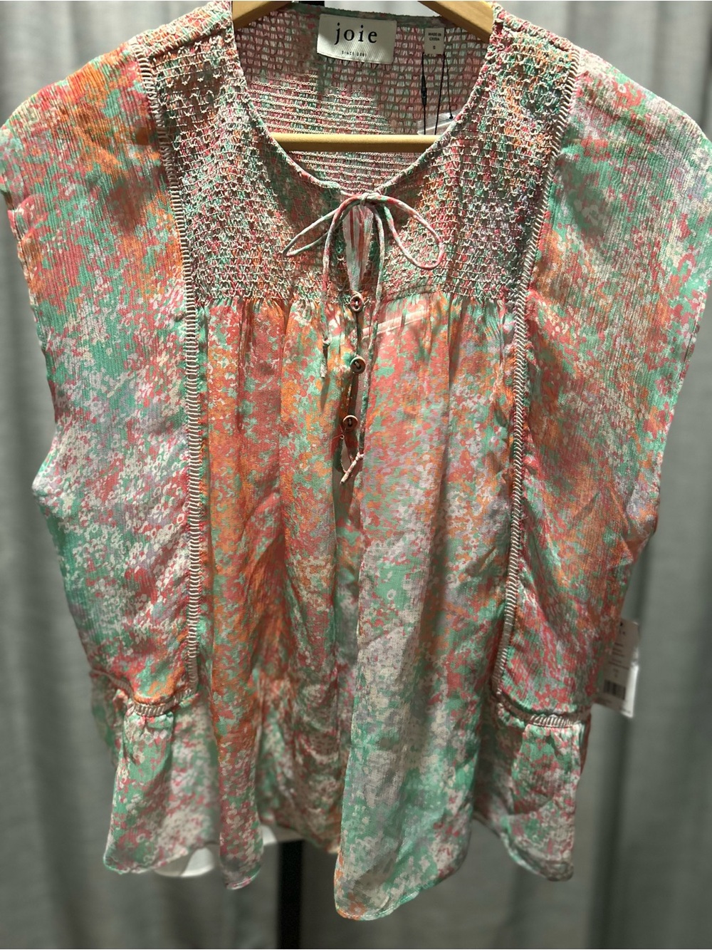 Joie Coral and Mint Floral Tie-Front Smocked Blouse